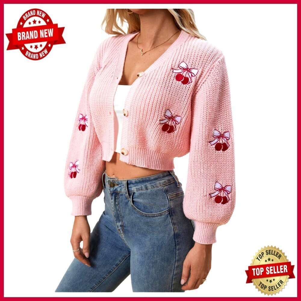 Women's Strawberry Embroidery Crop Cardigan V-Neck Button Front Sweater